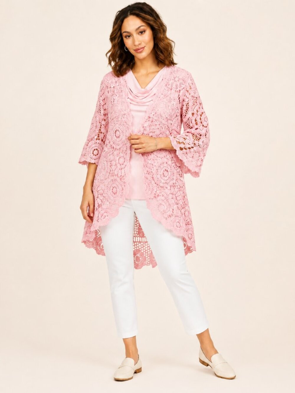 Nina Leonard Pink Crochet Bell Sleeve High Low Cardigan NWOT